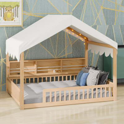 Wooden Floor Bed,House-Shaped Daybed With Fense,3 Storage Bookshelves,Curtain And LED Light