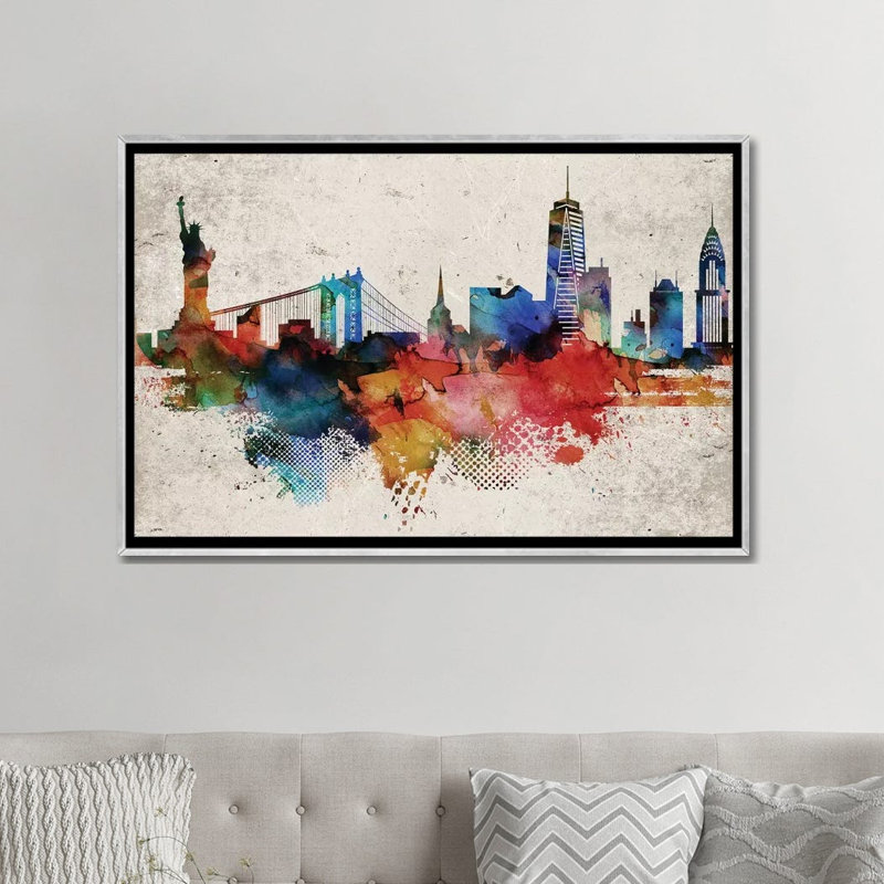 New York Abstract - impression d'art graphique, Aucun mat, H 32 po x l 48 po x 1,5 po, Toile avec cadre argenté