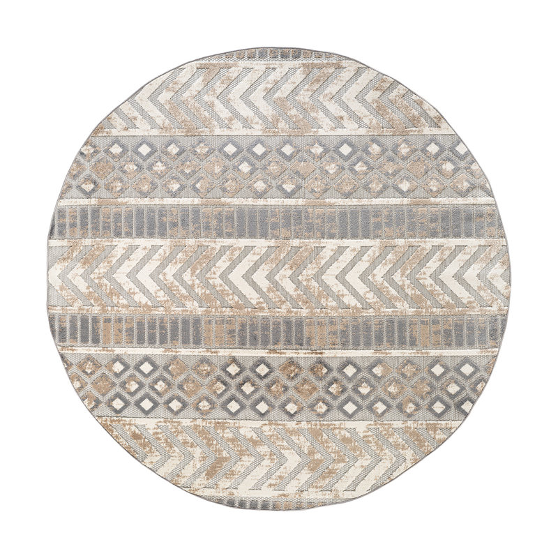 Tapis intérieur / extérieur gris / ivoire / beige Alphee, Rond 7 pi 10 po