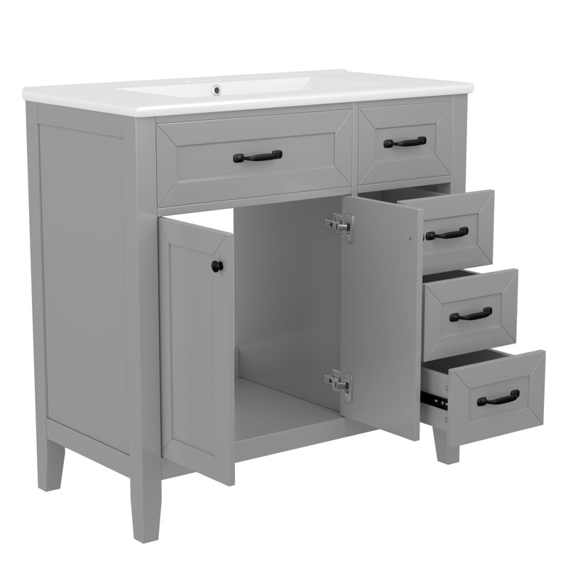 Ensemble de meuble-lavabo sur pied simple 36 po avec lavabo en céramique, 3 tiroirs fonctionnels et armoire de porte, Gris
