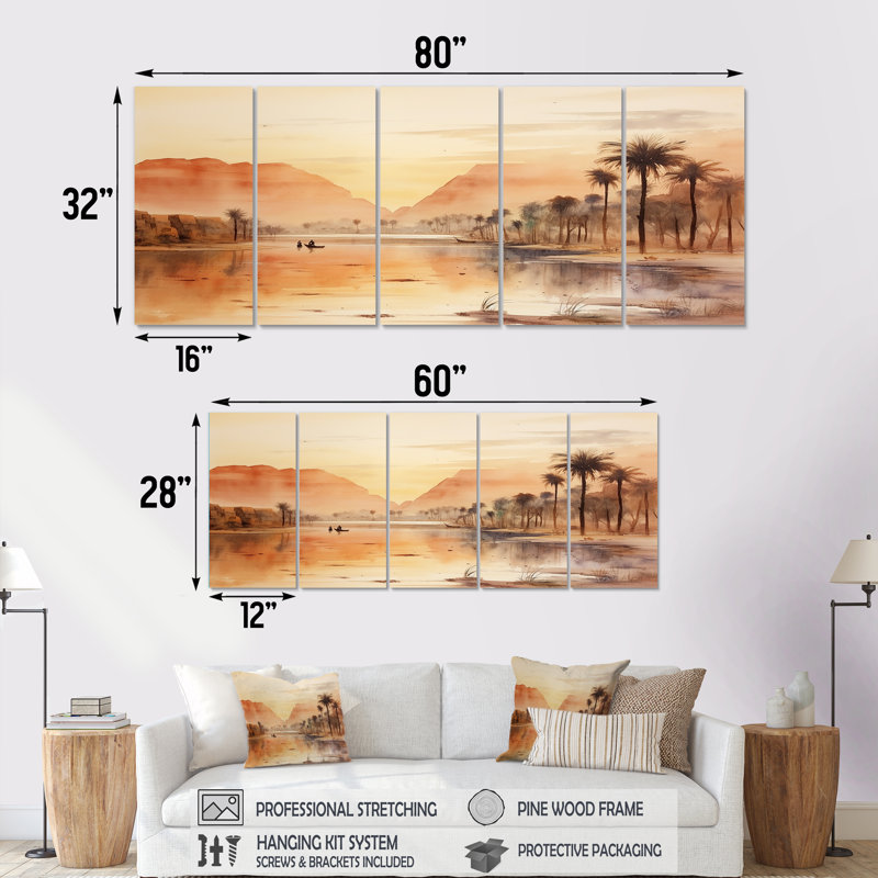 Ancienne rivière égyptienne, art mural 5 pièces, H 28 po x l 60 po