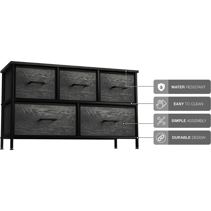 Black Fabric and Wood 5-Drawer Horizontal Dresser