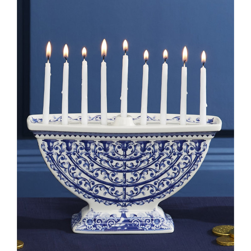 Sapphire Blue Ceramic Baroque Print Menorah