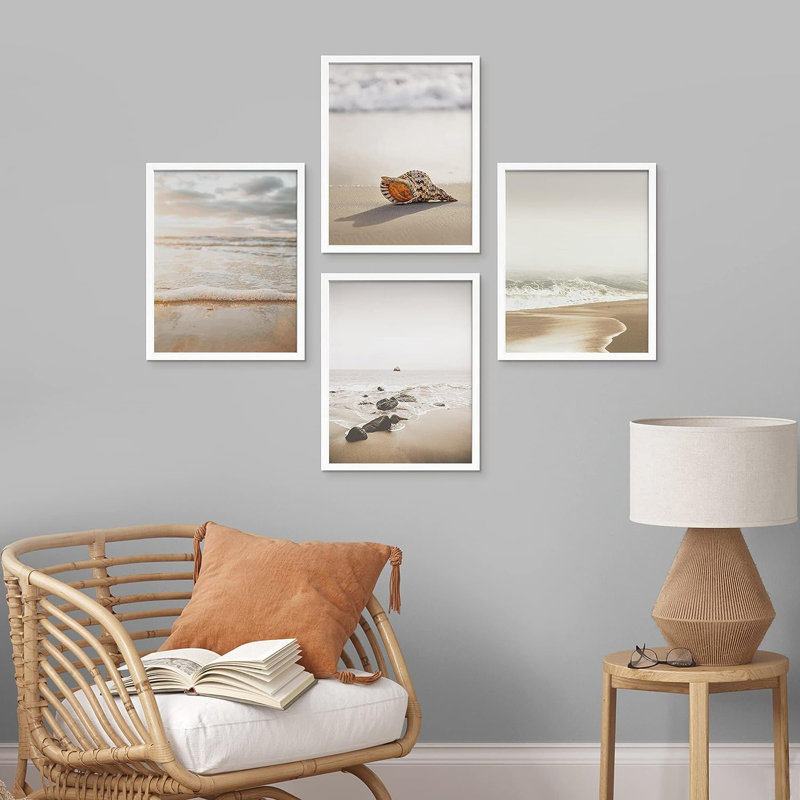 Minimal Beach Shore Ocean Sea Seashell, reproduction encadrée de 4 pièces, H 14 po x l 11 po x P 1 po, Cadre blanc