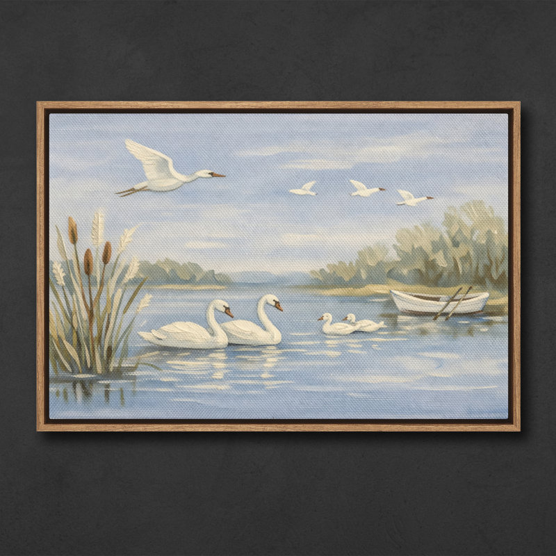 «Peaceful Swans on Lake with Reeds and Distant Boat», art mural encadré, H 24 po x l 36 po, Naturel