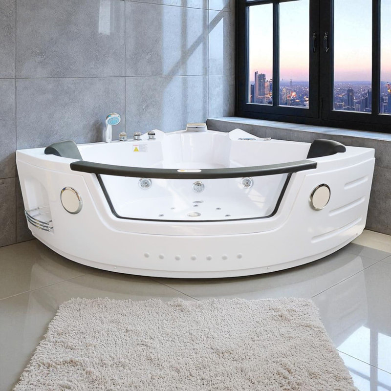 Baignoire tourbillon d'angle blanche 2 personnes à double pompe, chauffage et panneau avant en verre 55 po x 55 po Angelica