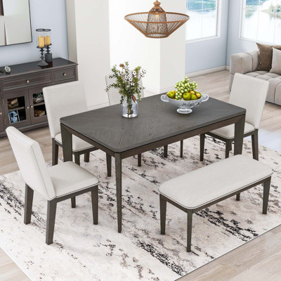 6-Piece Dining Table Set With Upholstered Dining Chairs And Bench,Farmhouse Style, Tapered Legs, Dark Gray+Beige -  Corrigan StudioÂ®, 2A19BDBF7AE44CA7A7B80141E1F8CE7F