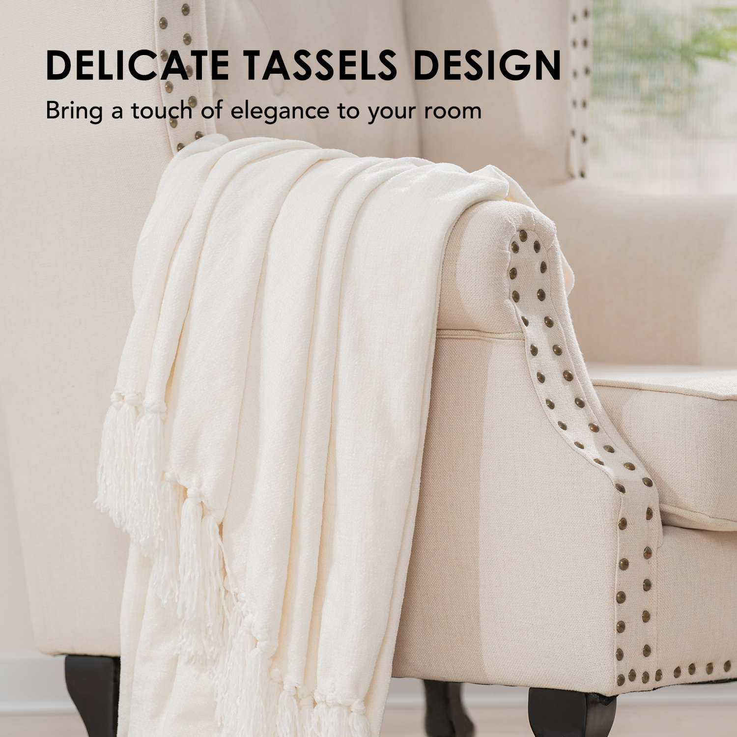 Soft Chenille Throw Blanket, Ivory White, 60" L x 50" W