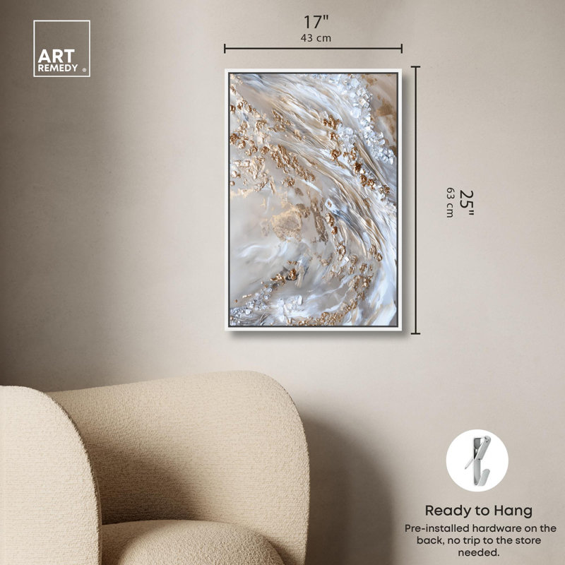 «Parchment Tide Canvas Elegant Gold Abstract» par Art Remedy, Cadre blanc, H 55 po x l 37 po