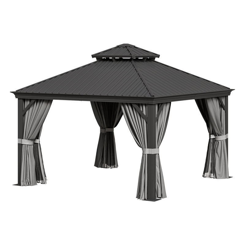 Pavillon de jardin extérieur à toit rigide 12 'x 12' avec double toit, rideaux et filet, 12' x 12'