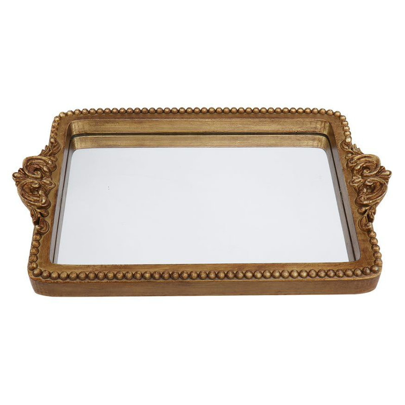 Vintage Gold Resin Tray With Mirror Glass Base And Handles