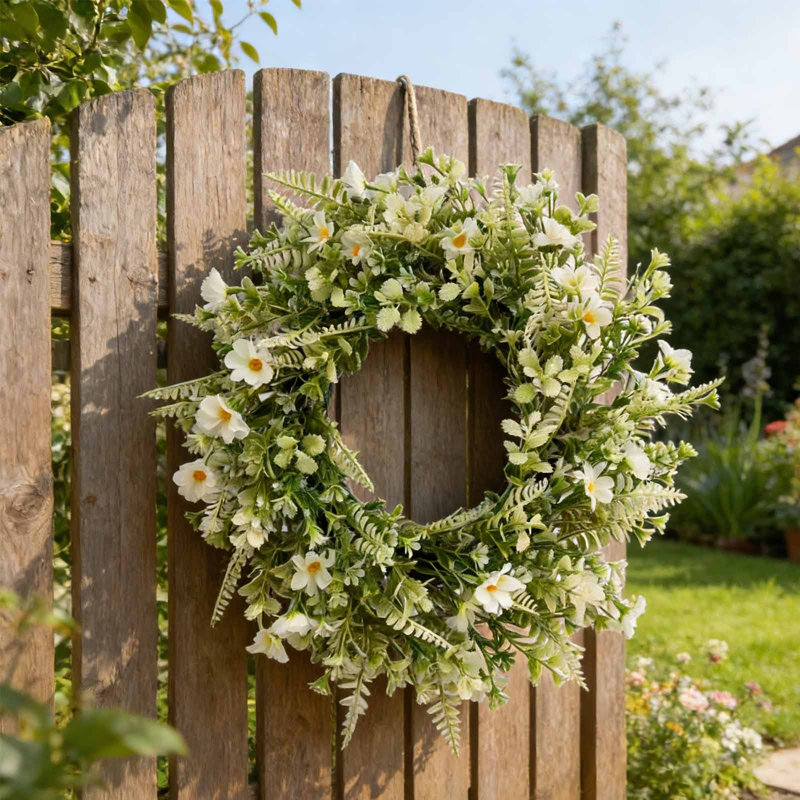 Couronne de printemps pour porte d'entrée Couronne de fleurs artificielle blanche avec feuilles et feuilles de mariage