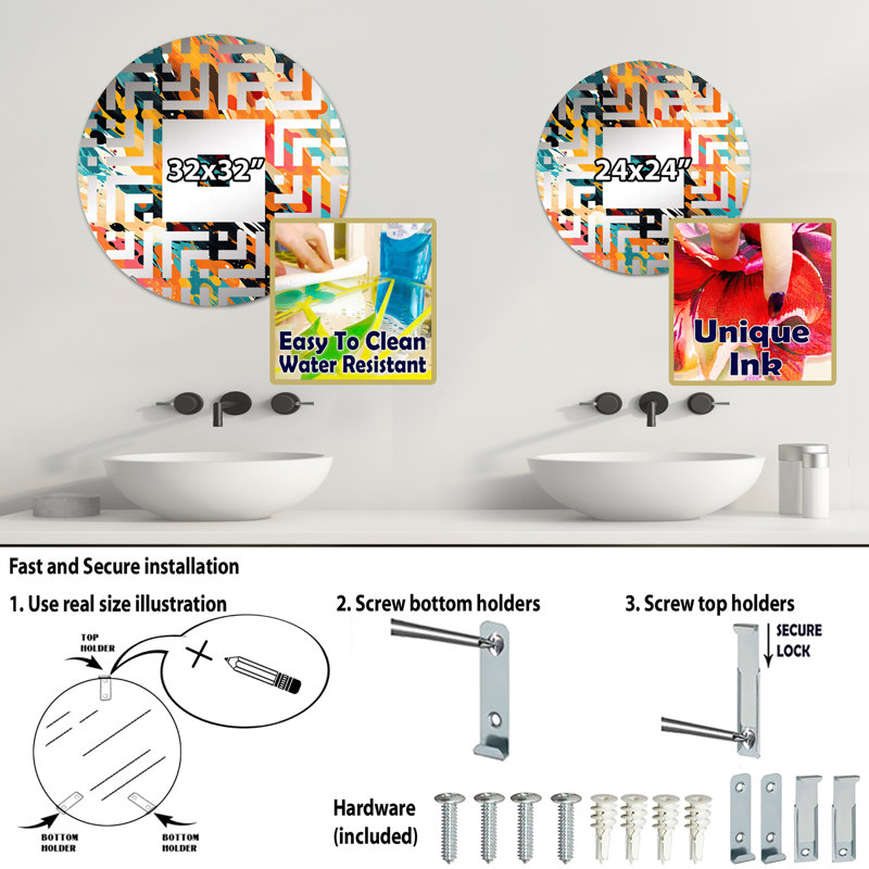 Multicolore artistique expression - miroir mural carré, 23,6 po x 23,6 po