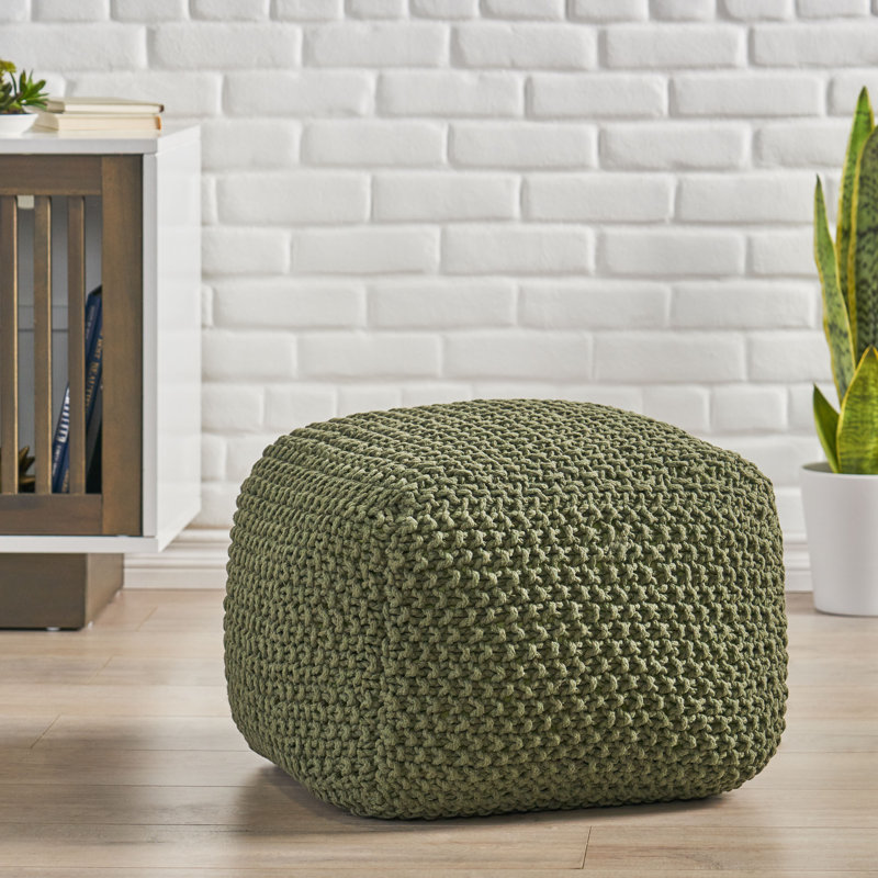 Corin 20.5" Wide Cotton Knit Square Pouf, Green