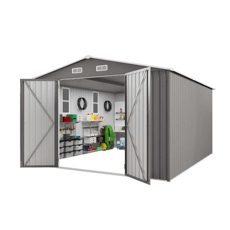 10X12ft Outdoor Storage Shed, Metal, Grey, With Double Door And Two Windows, Ideal For Snow Lawnmower In Backyard Grey Large Metal Shed Secure Bins Generator Poolside