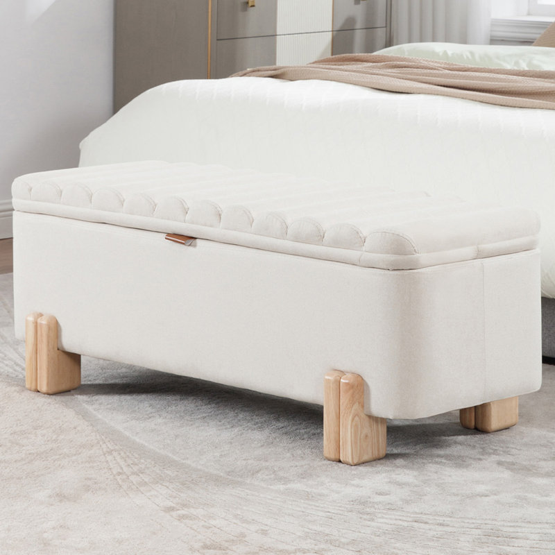 Banc de rangement rembourré à dessus rabattable avec pieds en bois massif, Lin beige, Crème, crème