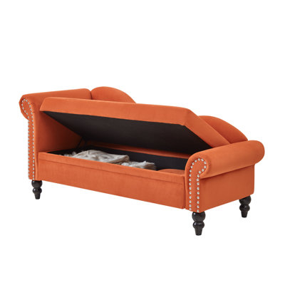 Orange Velvet Chaise Lounge with Storage, Modern Rolled Arm Accent Chair for Living Room or Bedroom