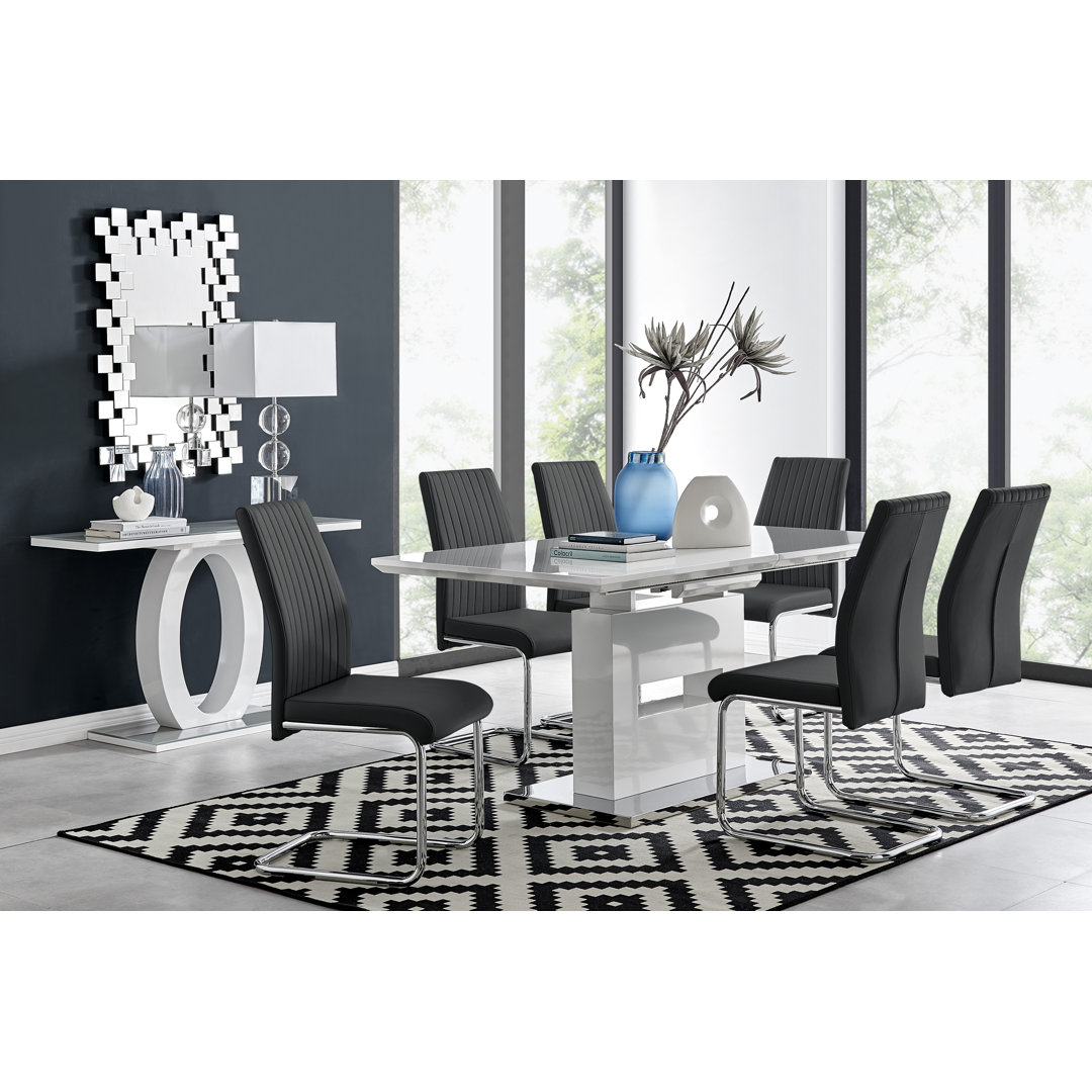 Areza High Gloss Extendable Dining Table Set with 6 Luxury Faux Leather Dining Chairs East Urban Home Chair 