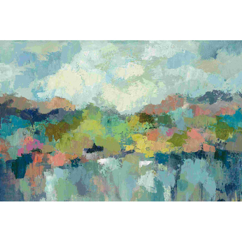 «Abstract Lakeside» par Silvia Vassileva, peinture sur toile tendue, H 32 po x l 48 po, Noir