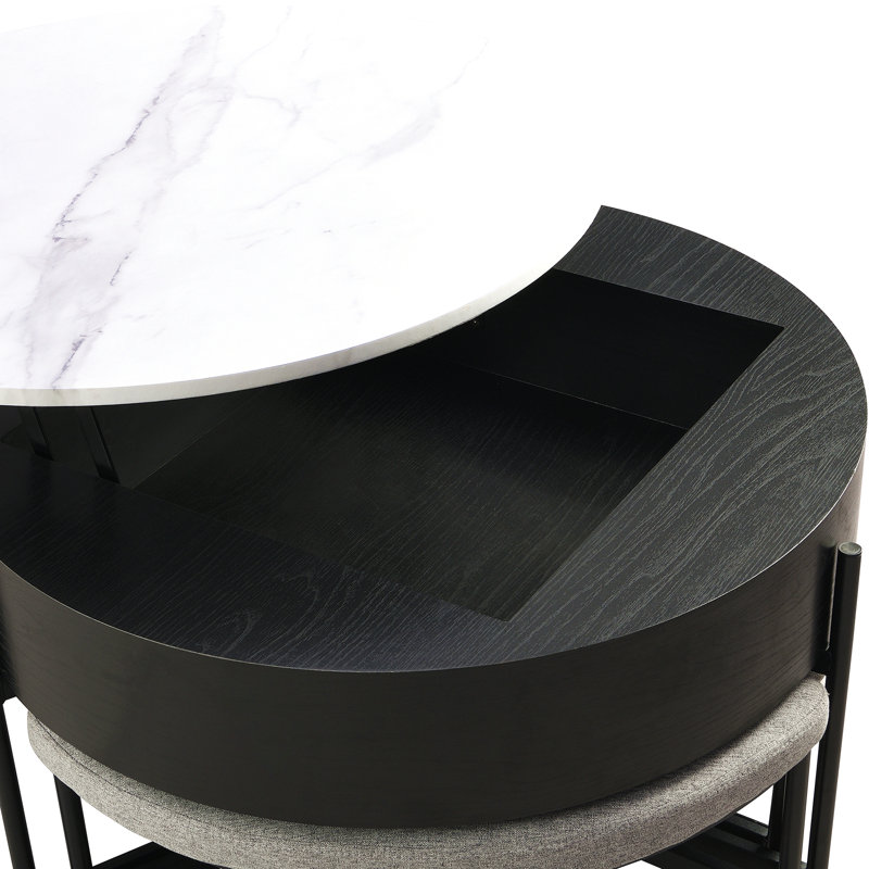 Table basse moderne à plateau relevable avec rangement et 3 repose-pieds blanc et noir