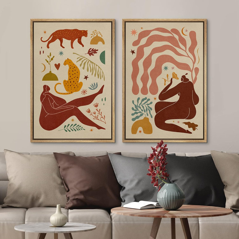 «Bright Preppy Animals» Mid-Century, H 36 po x l 48 po x P 1,5 po, Naturel