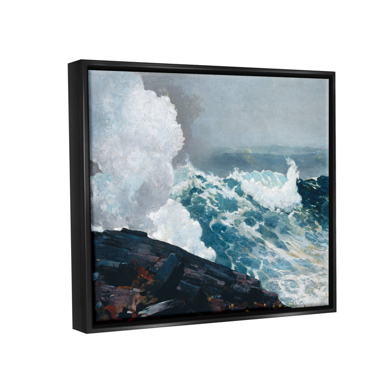 Vagues de l'océan et falaises, H 17 po x l 21 po x P 1,7 po, Cadre flottant noir de jais