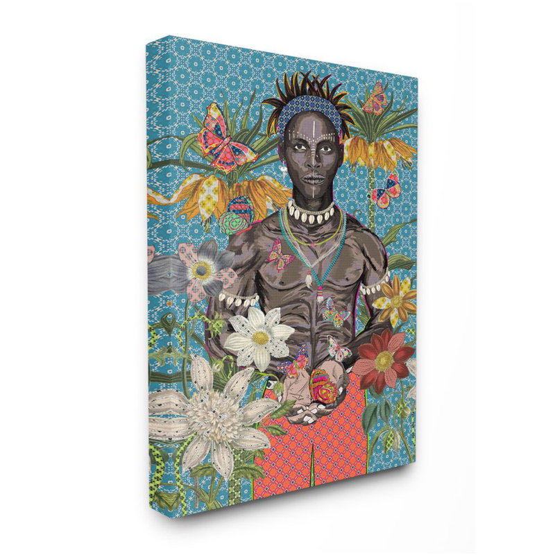 Homme libérant des papillons sur un motif géométrique par Sangita Bachelet - reproduction d'art, H 20 po x l 16 po x 1,5 po
