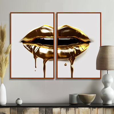 Lèvres dorées de luxe VI - art mural sur toile doré 2 pièces
