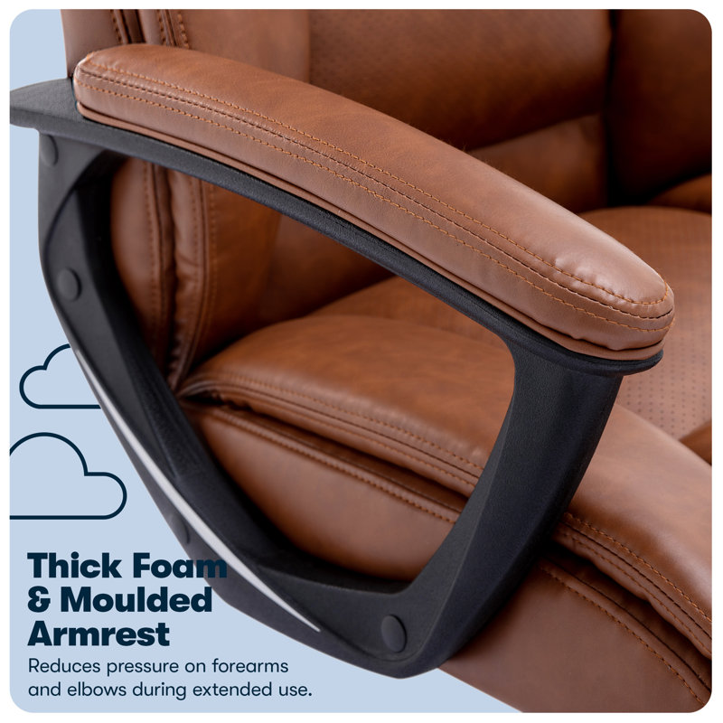 Cognac Bonded Leather Executive Swivel Chair with High Back and Fixed Arms