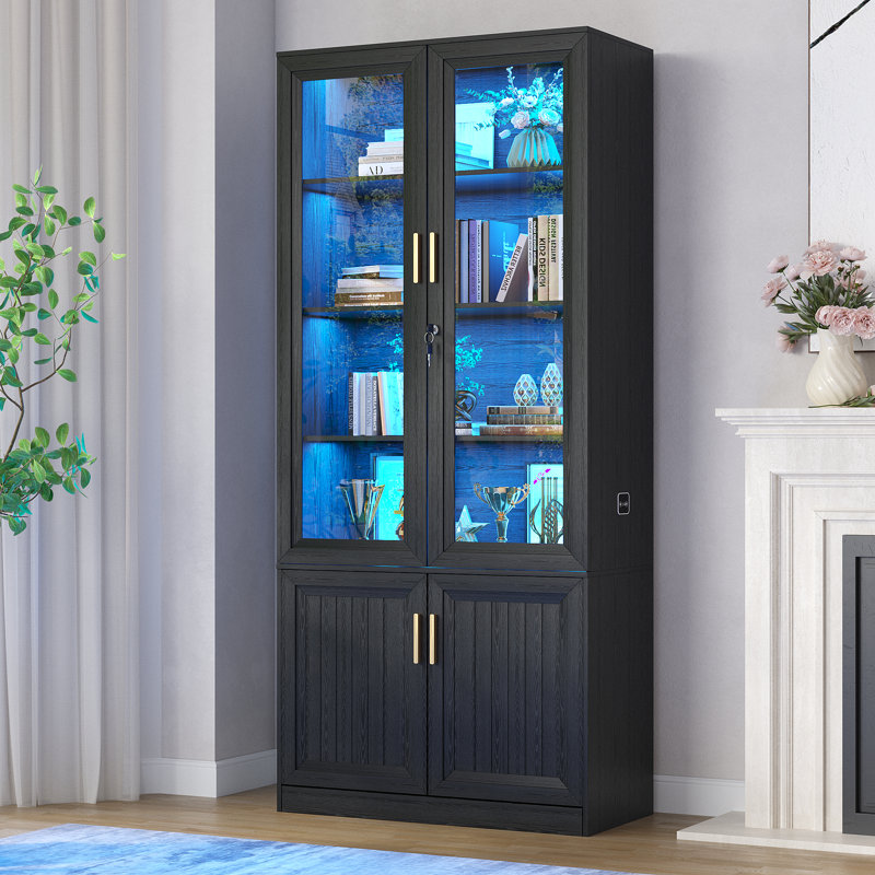 Armoire de bureau autoportante de 71 po de hauteur avec modes d'éclairage 3 couleurs et détecteur de mouvement, vitrine en verre avec tablettes réglables et serrure
