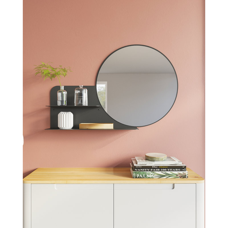 Metal Flat Wall Mirror with Shelves, Black