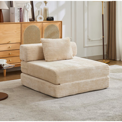 Canapé à compression, canapé-lit convertible au sol avec structure de forme fixe, canapé modulaire à une place sans os, sans assemblage, tissu chenille, pour la chambre à coucher, beige