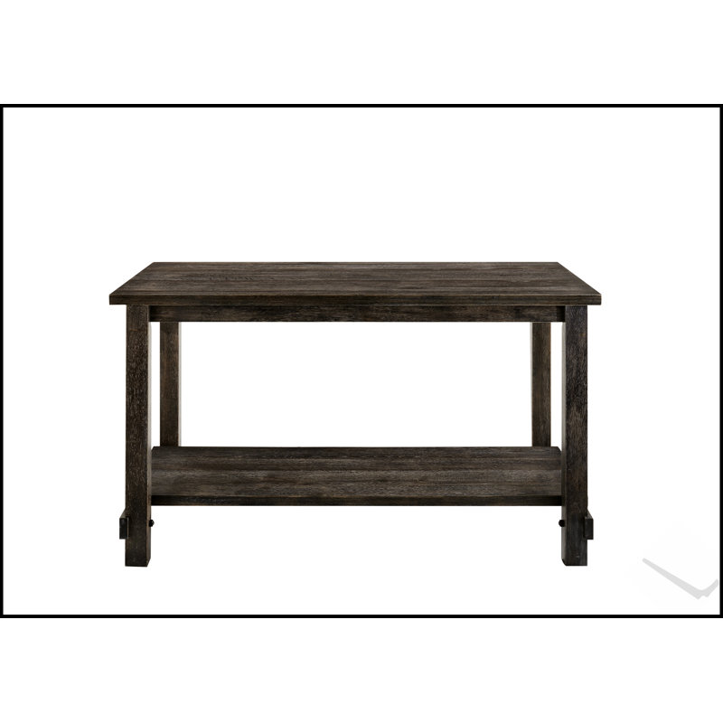 Table grise patinée à hauteur de comptoir avec tablette inférieure pour les cuisines et les salles à manger modernes, alliant charme rustique et rangement pratique