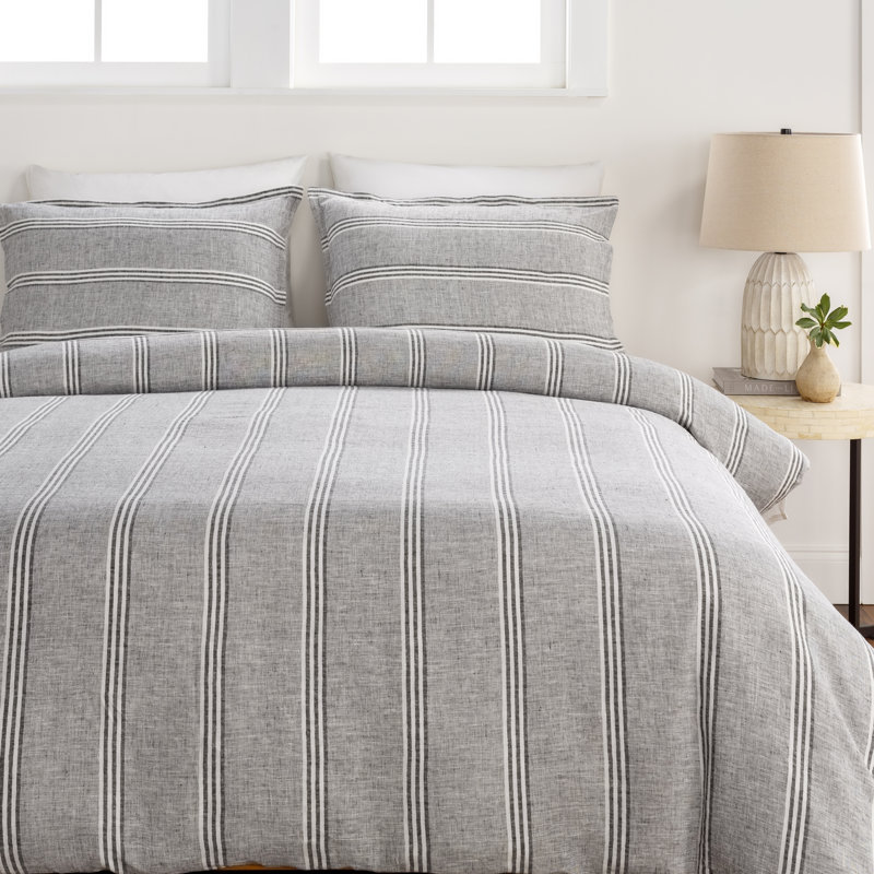 Corinne Rustic 100% Linen Striped Duvet Cover Set, King
