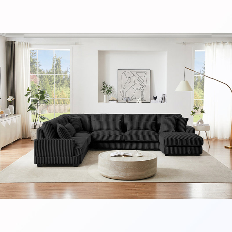 Canapé modulaire rembourré en U avec méridienne, Black Corduroy