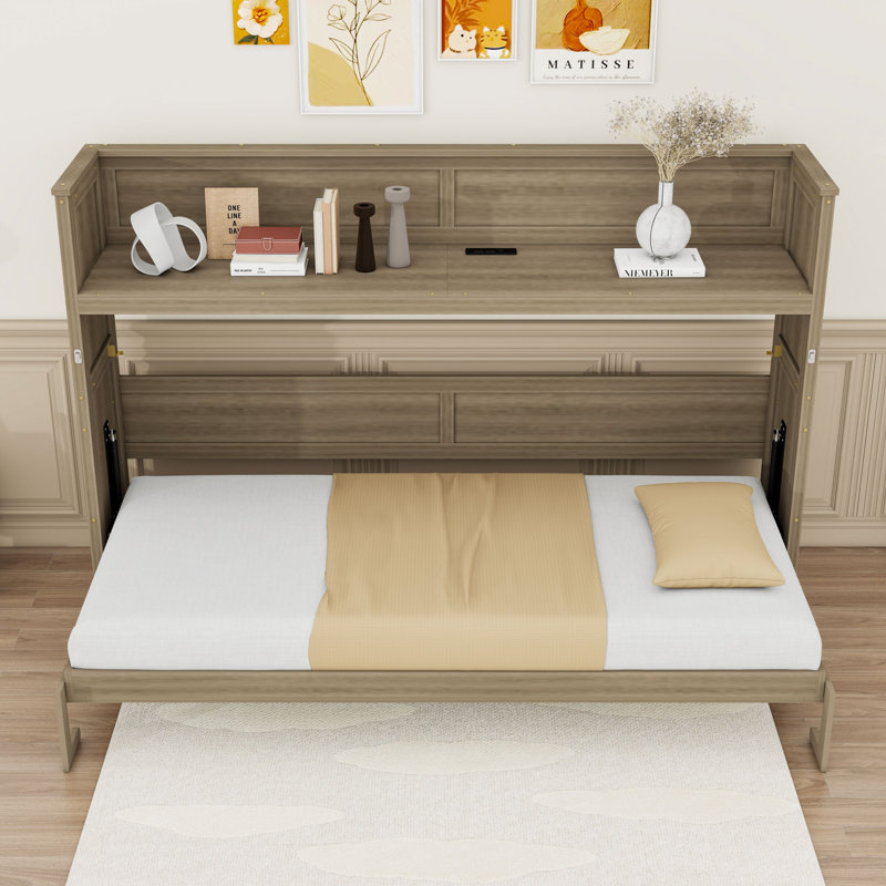 Lit escamotable simple en bois avec bureau, lumière DEL et station de charge USB