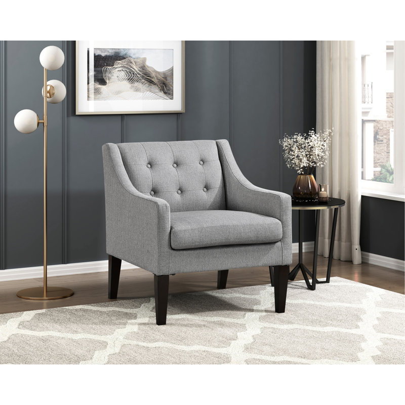 Fauteuil d'appoint contemporain gris pour espace de vie principal, tissu de revêtement à boutons, structure en contreplaqué, coussins de siège en mousse haute, coussin réversible, housse amovible, pieds en bois d'hévéa brun