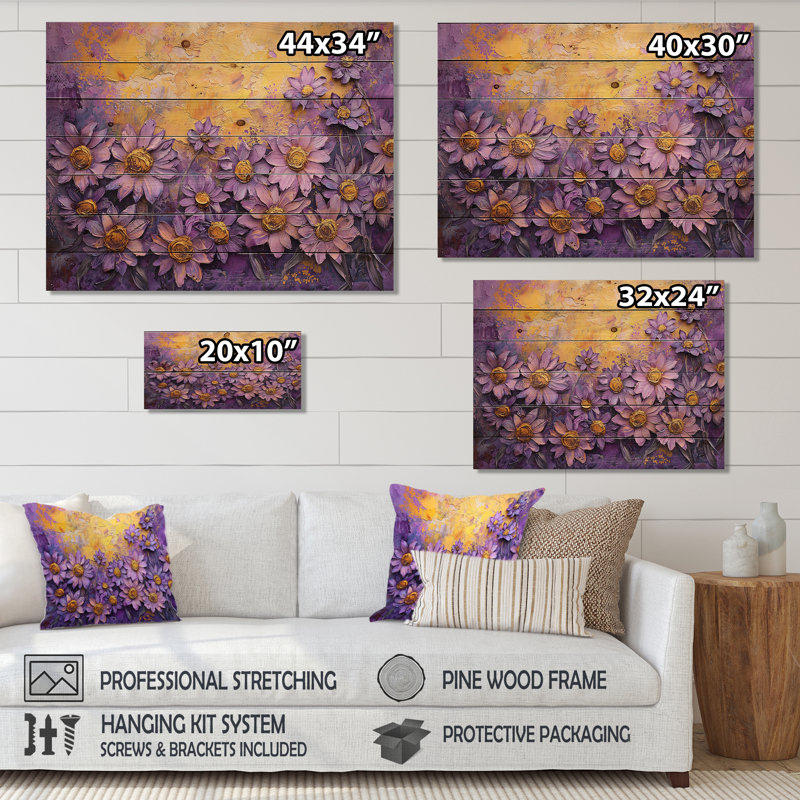Mauve marguerite mauve paysage de marguerites sur bois de pin naturel, H 24 po x l 32 po x P 0,78 po