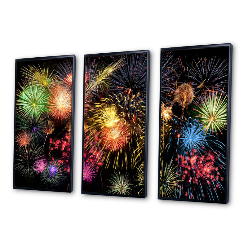 Feux d'artifice colorés au ciel nocturne - ensemble d'art mural sur toile encadré paysage, H 28 po x l 36 po x P 1 po