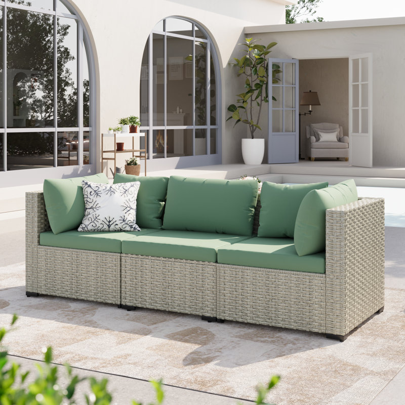 3-Person Outdoor Wicker Sectional Corner Chairs , Green, Gray
