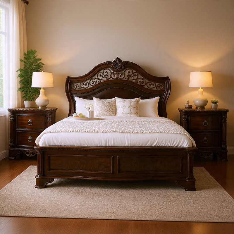 Ensemble de chambre à coucher grand lit en cerisier brun et bois doré - Ensemble de 3 pièces avec 2 tables de chevet