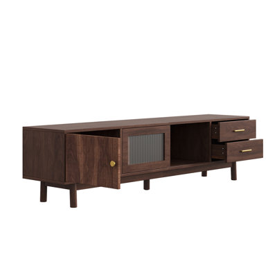 Meuble télé 70 pouces de style Mid-Century moderne pour téléviseur de 80 po, centre de divertissement avec portes coulissantes en verre et 2 tiroirs, meuble télé avec rangement pour le salon et la chambre à coucher