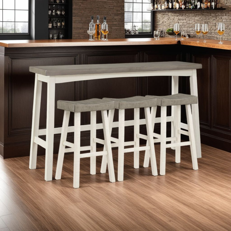 Casy 4Pc Bar Height Table Set, 3 Contour Stools, Brown Wood/White