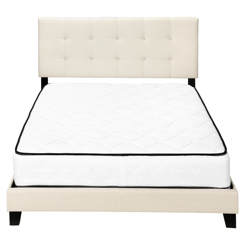 Structure de lit tapissier pour grand lit avec tête de lit en lin beige rembourrée de mousse confortable