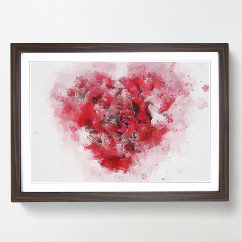 Red Rose Heart in Abstract - Picture Frame Painting Print, 48cm H x 65cm W x 2cm D, Walnut Framed