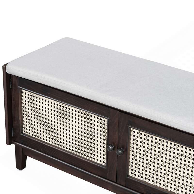 Banc d'entrée en rotin avec rangement Boho, banc à chaussures rembourré avec portes doubles, banc de rangement en bois