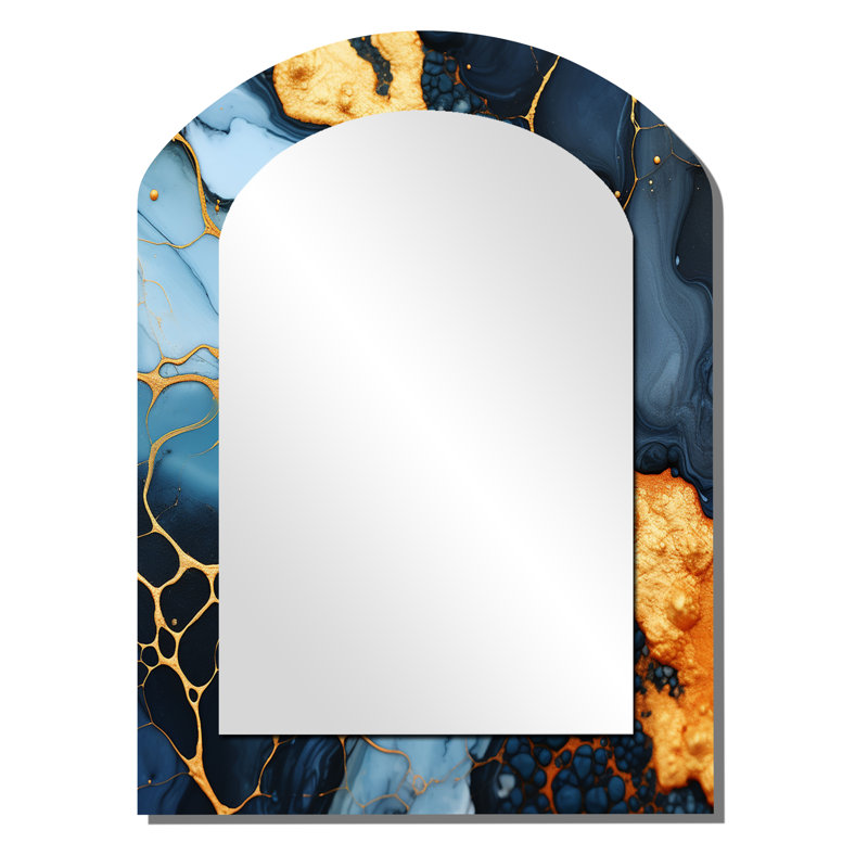 Lava Marble Art liquide orange et bleu II - peinture abstraite miroir mural asymétrique, miroir décoratif arche bleue, impression d'art en métal