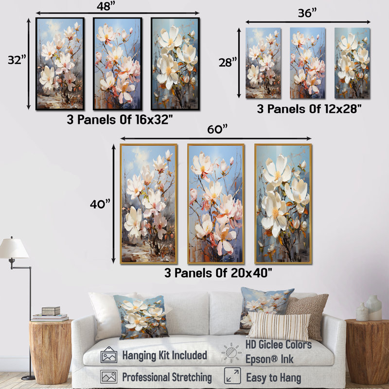 Perle de magnolia blanc dans un jardin ensoleillé - ensemble de 3 impressions sur toile magnolias, H 28 po x l 36 po