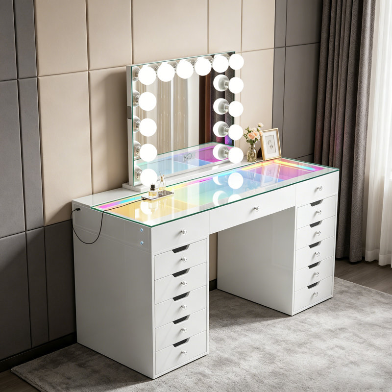 Makeup Vanity Set with LED Lighted Mirror HD Glass Top Built-in LED Light Strips Large 13 Drawers