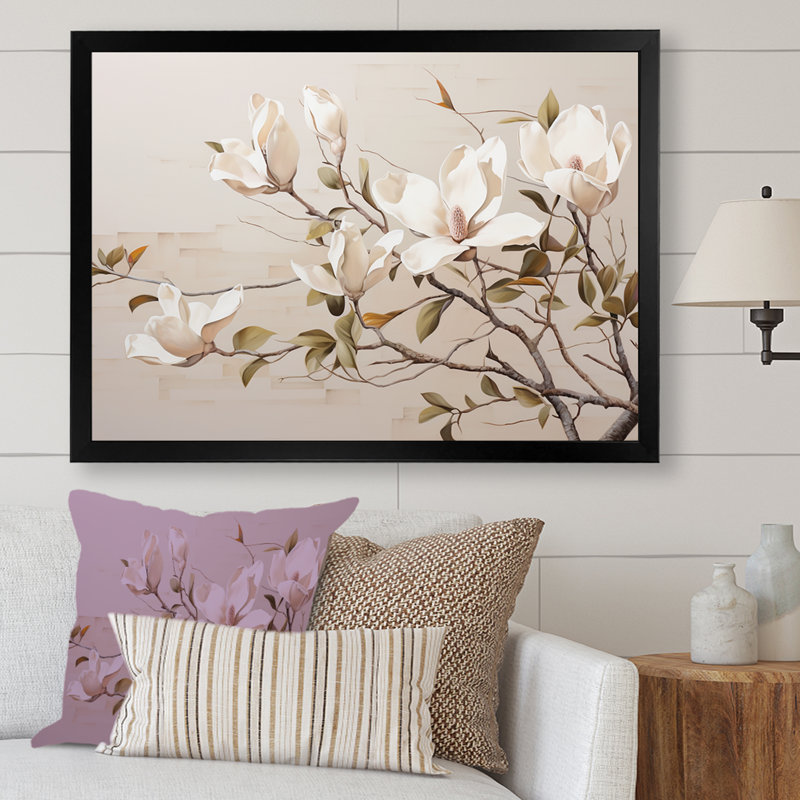 Magnolias rêveuses beiges en fleurs II, Cadre simple noir, H 12 po x l 20 po x P 1 po